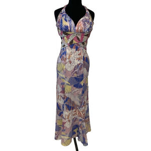 La Femme Paris Womens Beaded Gown Size 6 Colorful Open Back Maxi Dress w Train